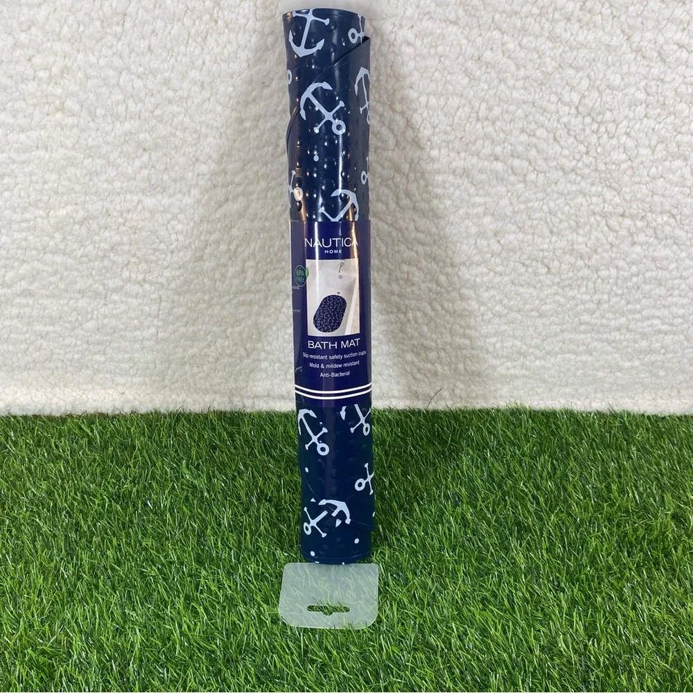 Nautica Dark Blue Anchor Bathtub Mat 27x15 in Anti-Bacterial Mildew Resistant